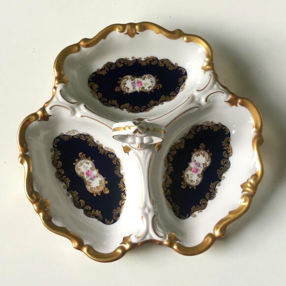 REICHENBACH ECHT KOBALT Cobalt Porcelain Central Handle 3-Section Gilded Dish - Picture 2 of 5